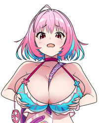 Rule 34 | 1girl, absurdres, ahoge, bad id, bad pixiv id, bangle, bare shoulders, between breasts, bikini, blue bikini, blue hair, blush, bob cut, bracelet, breast hold, breasts, choker, cleavage, colored inner hair, commentary, fang, fanny pack, grabbing own breast, hair intakes, highres, idolmaster, idolmaster cinderella girls, idolmaster cinderella girls starlight stage, jewelry, large breasts, light blue hair, looking down, medium hair, mitche, multicolored hair, open mouth, pink choker, pink eyes, pink hair, pink wristband, print bikini, simple background, solo, strap between breasts, string bikini, swimsuit, triangle print, two-tone hair, white background, yumemi riamu