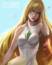 Rule 34 | 1girl, absurdres, armpits, bare shoulders, blonde hair, breasts, countdown, creatures (company), dress, eyeshadow, game freak, gem, green eyes, hair over one eye, hand in own hair, highres, lips, lipstick, long hair, lusamine (pokemon), makeup, medium breasts, multicolored clothes, multicolored dress, nintendo, nose, petals, pokemon, pokemon sm, ragecndy, short dress, sleeveless, sleeveless dress, solo, very long hair