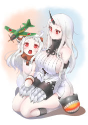 Rule 34 | &gt;:o, 10s, 2girls, :o, abyssal ship, ahoge, aircraft, airplane, breasts, claws, commentary request, detached sleeves, dress, highres, holding, horns, huge breasts, kantai collection, long hair, mittens, multiple girls, northern ocean princess, open mouth, pale skin, red eyes, ribbed dress, ribbed sweater, seaport princess, short dress, single horn, sitting, smile, sweater, sweater dress, thighs, v-shaped eyebrows, wariza, white dress, white hair, yaosera