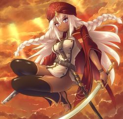 Rule 34 | 1girl, belt, black thighhighs, bottomless, braid, breasts, cape, cloud, cloudy sky, commentary request, dark-skinned female, dark skin, fate/grand order, fate (series), gun, hair between eyes, holding, holding gun, holding sword, holding weapon, jumping, kasabou, lakshmibai (fate), light frown, long hair, looking at viewer, medium breasts, musket, no panties, purple eyes, red cape, red headwear, sandals, scabbard, sheath, shirt, shoulder strap, side braids, sky, solo, sunset, sword, thighhighs, thighs, toeless legwear, turban, twin braids, very long hair, weapon, white hair, white shirt, wristband