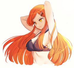 Rule 34 | 1girl, armpits, arms behind head, arms up, bare arms, bare shoulders, bikini, bikini top only, black bikini, blush, breasts, cleavage, closed mouth, commentary request, cropped torso, danganronpa another, hair ornament, hairclip, highres, large breasts, long hair, looking at viewer, mekaru rei, open mouth, orange eyes, orange hair, ppakunak, simple background, smile, solo, stomach, swimsuit, upper body, white background