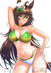 Rule 34 | 1girl, absurdres, adapted costume, ahoge, animal ears, aqua eyes, arm up, armpits, bare arms, bare shoulders, bikini, bow, breasts, brown hair, choker, cleavage, commentary request, cowboy shot, criss-cross halter, green bikini, green bow, hair ornament, hairclip, halterneck, hand on own hip, hat, hat bow, highres, horse ears, horse girl, horse tail, large breasts, midriff, mini hat, mini top hat, mr. c.b. (umamusume), navel, oryou gunsou, short sleeves, simple background, solo, standing, stomach, swimsuit, tail, thigh strap, thighs, top hat, umamusume, white background, white hat, yellow choker