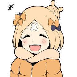 Rule 34 | +++, 1girl, :d, ^ ^, abigail williams (fate), black bow, blush, bow, closed eyes, commentary request, crossed bandaids, facing viewer, fate/grand order, fate (series), hair bow, hair bun, jacket, mitchi, open mouth, orange bow, orange jacket, parted bangs, simple background, single hair bun, smile, solo, teeth, upper body, upper teeth only, white background