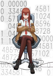 Rule 34 | 1girl, absurdres, black footwear, black shorts, blue eyes, brown hair, brown jacket, brown pantyhose, closed mouth, collared shirt, crossed legs, full body, hair between eyes, highres, jacket, pantyhose under shorts, long hair, long sleeves, makise kurisu, mato kuroi, necktie, open clothes, open jacket, pantyhose, red necktie, shirt, short shorts, shorts, sitting, solo, steins;gate, straight hair, white shirt, wing collar