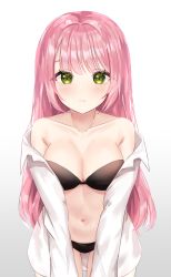 Rule 34 | 1girl, absurdres, armpits, black bra, black panties, blush, bra, breasts, character request, cleavage, copyright request, dress shirt, green eyes, hair between eyes, highres, long hair, off-shoulder shirt, off shoulder, open clothes, open shirt, panties, pucohiiiii, shirt, solo, thighs, underwear