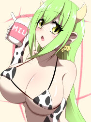 1girl aishuu_hebiko animal_print breasts cow_print green_hair large_breasts long_hair taimanin_(series) taimanin_rpgx