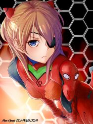 Rule 34 | 1girl, :&lt;, blue eyes, bodysuit, breasts, chuutaro metal, closed mouth, copyright name, evangelion: 3.0 you can (not) redo, eyepatch, frown, interface headset, long hair, looking at viewer, lying, medium breasts, neon genesis evangelion, on back, orange hair, plugsuit, rebuild of evangelion, red bodysuit, solo, souryuu asuka langley, two side up, wide hips