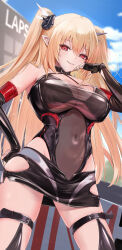 Rule 34 | 1girl, protagonist (pso2), belt, black choker, black gloves, black skirt, blonde hair, blue sky, breasts, choker, cleavage, closed mouth, cloud, commentary request, commission, covered navel, detached sleeves, fingerless gloves, gloves, hair between eyes, hair ornament, hand on own hip, hand up, highres, keita (kmfirstday), large breasts, leotard, long hair, looking at viewer, miniskirt, numako (pizza kanon), outdoors, phantasy star, phantasy star online 2, pointy ears, race queen, red eyes, see-through, see-through cleavage, skeb commission, skirt, sky, smile, solo, thigh belt, thigh strap, two side up