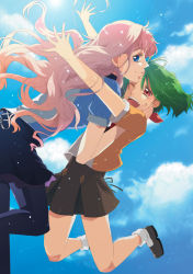 Rule 34 | 2girls, blue eyes, day, gen (enji), green hair, hand on another&#039;s face, jumping, long hair, macross, macross frontier, multiple girls, one eye closed, open mouth, outstretched arms, pantyhose, pink hair, ranka lee, red eyes, school uniform, sheryl nome, short hair, skirt, sky, smile, wink
