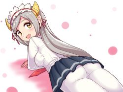 Rule 34 | 1girl, ass, beatus creation, blush, breasts, character request, cougar (cougar1404), from behind, grey hair, headdress, horns, long hair, looking at viewer, looking back, lying, majin shoujo, on stomach, pantyhose, pizarro, pointy ears, school uniform, sideboob, skirt, smile, solo, swept bangs, very long hair, white background, white pantyhose, yellow eyes