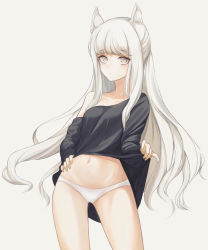 Rule 34 | 1girl, animal ear fluff, animal ears, arknights, black shirt, breasts, brown eyes, clothes lift, contrapposto, cowboy shot, hand on own hip, highres, horse ears, lifted by self, long hair, long sleeves, looking at viewer, medium breasts, navel, off shoulder, oni0417, oversized clothes, panties, platinum (arknights), shirt, shirt lift, simple background, single bare shoulder, solo, standing, stomach, underwear, very long hair, white background, white hair, white panties