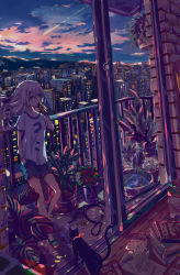 Rule 34 | 1girl, ahoge, balcony, black cat, blue shorts, blush, book, book stack, building, c4 art, can, canned coffee, cat, city, cityscape, cloud, commentary, drink can, drinking, evening, flower, full body, hair between eyes, highres, holding, holding can, hose, indoors, long hair, looking at viewer, original, plant, potted plant, railing, red flower, scenery, shirt, shooting star, shorts, skyscraper, sliding doors, solo, standing, t-shirt, twilight, water, white hair, white shirt