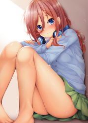 Rule 34 | 1girl, ass, bare legs, barefoot, blue cardigan, blue eyes, blush, brown hair, cardigan, closed mouth, commentary request, crossed arms, go-toubun no hanayome, green skirt, hair between eyes, headphones, headphones around neck, highres, knees up, long hair, long sleeves, looking at viewer, minato ojitan, nakano miku, pleated skirt, sitting, skirt, sleeves past wrists, solo, thighs