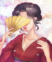 Rule 34 | 1girl, black hair, breasts, chairwoman (clamp gakuen tanteidan), clamp gakuen tanteidan, cleavage, collarbone, commentary, commission, covering own eyes, curly hair, floral background, folding fan, hand fan, hand on own chest, holding, japanese clothes, kimono, light smile, medara, medium breasts, multicolored background, nail polish, red kimono, red lips, second-party source, skeb commission, solo