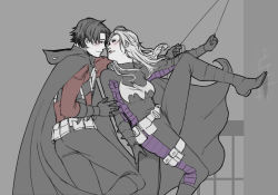 Rule 34 | 1boy, 1girl, batgirl, batman (series), belt, blonde hair, blush, boots, building, cape, city, climbing, couple, dc comics, eye contact, gloves, grapnel, grapple, hood, imminent kiss, looking at another, mask, unworn mask, red robin, stephanie brown, tim drake, wire