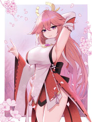 Rule 34 | 1girl, absurdres, arm up, armpits, breasts, commentary, detached sleeves, flower, genshin impact, hair between eyes, highres, japanese clothes, kcar66t, large breasts, long sleeves, looking at viewer, purple eyes, revision, sideboob, sleeveless, smile, solo, wide sleeves, yae miko