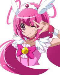 Rule 34 | 10s, 1girl, bow, choker, cure happy, hair ornament, head wings, hoshizora miyuki, long hair, looking at viewer, magical girl, nanashishi, pink bow, pink eyes, pink hair, pink theme, precure, simple background, smile, smile precure!, solo, tiara, twintails, v, white background, wings