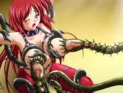 Rule 34 | 1girl, blush, breast bondage, breast sucking, chest harness, collar, day, game cg, gyakushuu, harness, inverted nipples, kneeling, lactation, milking machine, non-web source, one eye closed, open mouth, outdoors, pants, rape, red eyes, red hair, red pants, slime (substance), spiked collar, spikes, sweat, tentacles, yuria randcruz