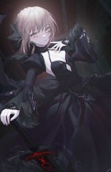 Rule 34 | 1girl, artoria pendragon (all), artoria pendragon (fate), bad id, bad pixiv id, black bow, black dress, blonde hair, bow, breasts, cleavage, closed eyes, dress, dutch angle, fate/grand order, fate (series), feet out of frame, hair bow, hand on own chest, highres, holding, holding sword, holding weapon, juliet sleeves, light particles, long sleeves, looking at viewer, medium breasts, no.aei, parted lips, puffy sleeves, saber alter, short hair, solo, standing, sword, weapon, yellow eyes