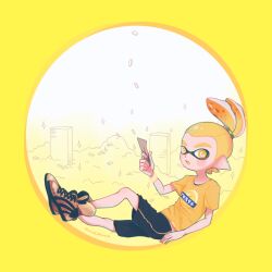 Rule 34 | 1boy, banknote, black shorts, blonde hair, blush stickers, border, brown footwear, coin, dollar bill, full body, holding, holding money, inkling, inkling (language), inkling boy, inkling player character, looking at viewer, male focus, memi (gamemix), money, nintendo, open mouth, pointy ears, ponytail, round border, shirt, shoes, short hair, short sleeves, shorts, sneakers, solo, sparkle, splatoon (series), symbol-shaped pupils, t-shirt, tentacle hair, yellow wristband