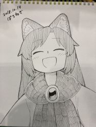 Rule 34 | 1girl, :d, aged down, animal ear fluff, animal ears, dated, dress, facing viewer, greyscale, head tilt, highres, imaizumi kagerou, marker (medium), monochrome, open mouth, photo (medium), poronegi, scarf, signature, smile, solo, touhou, traditional media, wolf ears