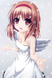 Rule 34 | 1girl, absurdres, bad id, bad pixiv id, breasts, brown eyes, brown hair, cleavage, dress, gradient background, hairband, highres, kanon, open mouth, p mayuhime, short hair, sleeveless, sleeveless dress, small breasts, smile, snow, solo, tsukimiya ayu, wings