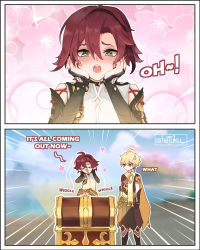 Rule 34 | 2boys, 2koma, 3d background, aether (genshin impact), ahoge, blurry, braid, brown eyes, brown hair, comic, commentary, depth of field, english commentary, english text, genshin impact, green eyes, hafuku, hair between eyes, highres, light brown hair, long hair, low ponytail, multiple boys, shikanoin heizou, short sleeves, sidelocks, single braid, sleeveless, treasure chest