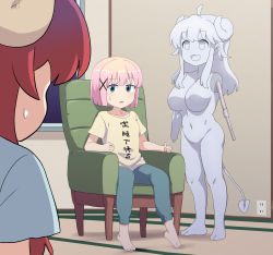 Rule 34 | 2girls, armchair, barefoot, blue pants, blush, bob cut, breasts, chair, chiyoda momo, commentary request, curled horns, demon girl, demon tail, electrical outlet, fuka (kantoku), full body, green eyes, hair ornament, highres, horns, indoors, large breasts, looking at another, machikado mazoku, mannequin, multiple girls, open mouth, pants, pink hair, red hair, shirt, short hair, sitting, small breasts, standing, tail, tatami, walk-in, x hair ornament, yellow shirt, yoshida yuuko (machikado mazoku)