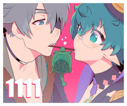 Rule 34 | 1boy, 1girl, black coat, black eyes, black hair, border, chest jewel, coat, eyepatch, food, food in mouth, glasses, green eyes, green hair, heart, jacket, natto soup, pandoria (xenoblade), pink background, pocky, pocky day, pocky in mouth, pointy ears, purple jacket, turters (xenoblade), turtle, white border, xenoblade chronicles (series), xenoblade chronicles 2, zeke von genbu (xenoblade)