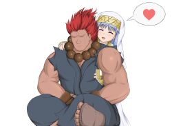 Rule 34 | 1boy, 1girl, age difference, akuma (street fighter), blue hair, blush, capcom, closed eyes, crossover, dougi, habit, highres, hug, hug from behind, index (toaru majutsu no index), indian style, leandroff5, long sleeves, muscular, muscular male, nun, red hair, robe, shirt, simple background, sitting, size difference, sleeveless, sleeveless shirt, street fighter, toaru majutsu no index, transparent background, white headwear, white robe