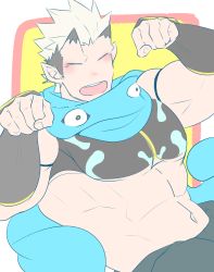 Rule 34 | 1boy, :d, abs, bara, bare shoulders, biceps, black hair, blonde hair, blue scarf, blush, cowboy shot, crow (siranui), flat color, highres, horns, jiraiya (housamo), large pectorals, male focus, multicolored hair, muscular, muscular male, navel, oni, open mouth, paw pose, pectorals, pointy ears, scarf, short hair, sideburns, skin-covered horns, smile, solo, stomach, tokyo houkago summoners, two-tone hair, undercut