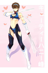 Rule 34 | 1boy, abs, armband, between fingers, black keys (type-moon), boots, breasts, brown eyes, brown hair, cleavage, cleavage cutout, clothing cutout, cosplay, crossdressing, cutie honey, cutie honey (character), cutie honey (character) (cosplay), cutie honey (cosplay), fate/zero, fate (series), gloves, headband, heart, heart cutout, highres, holding, kotomine kirei, male focus, midriff, single thighhigh, solo, spandex, sunday31, thighhighs