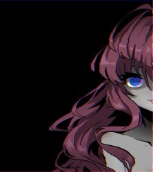 Rule 34 | 1girl, :p, anderson m0311, bare shoulders, black background, blue eyes, glitch, highres, ichinose shiki, idolmaster, idolmaster cinderella girls, long hair, looking at viewer, purple hair, ringed eyes, simple background, solo, tongue, tongue out, upper body, wavy hair