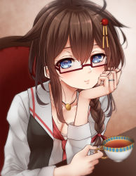 Rule 34 | 1girl, bespectacled, black vest, blue eyes, blush, bow, braid, braided ponytail, breasts, brown hair, casual, cleavage, commentary request, cup, elbows on table, glasses, hair between eyes, hair bow, hair ornament, hair over shoulder, hairpin, hand on own chin, hand up, head rest, highres, holding, holding cup, indoors, jewelry, kantai collection, long hair, long sleeves, looking at viewer, medium breasts, neckerchief, necklace, nuka (nvkka), open clothes, open vest, ornate ring, red bow, red neckerchief, ring, shigure (kancolle), shigure kai ni (kancolle), shirt, single braid, smile, solo, tea, teacup, upper body, vest, wedding ring, white shirt