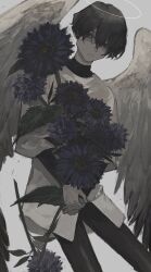 Rule 34 | 1boy, angel wings, black pants, black sweater, closed mouth, feathered wings, flower, halo, highres, holding, holding flower, male focus, migato, original, pants, purple flower, shirt, signature, simple background, solo, sweater, turtleneck, turtleneck sweater, white shirt, wings
