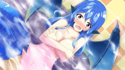 Rule 34 | 1girl, animal ears, artist request, bathing, blue hair, blue scales, blue wings, blush, breasts, covering privates, covering breasts, game cg, gina (monster musume), hair between eyes, lamia, large breasts, long hair, looking at viewer, monster girl, monster musume no iru nichijou, monster musume no iru nichijou online, navel, official art, open mouth, partially submerged, pink eyes, pointy ears, solo, wings
