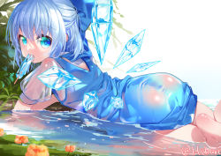 Rule 34 | 1girl, ass, barefoot, blue dress, blue eyes, blue hair, cirno, commentary, day, dress, flower, food, grass, hair ribbon, hibari hina, highres, in water, looking at viewer, looking back, lying, mouth hold, on stomach, outdoors, partially submerged, pinafore dress, popsicle, ribbon, see-through, short hair, sleeveless dress, solo, touhou, twitter username, wet, wet clothes, wings