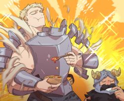 Rule 34 | 2boys, armor, beard, blonde hair, blush, closed eyes, closed mouth, dungeon meshi, eating, facial hair, fake horns, helmet, highres, holding, holding spoon, horned helmet, horns, laios touden, large pectorals, male focus, multiple boys, muscular, muscular male, mustache, nipples, pauldrons, pectorals, satodee, senshi (dungeon meshi), short hair, shoulder armor, spoon, torn clothes