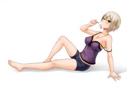 Rule 34 | 1girl, arm support, bare arms, bare legs, bare shoulders, barefoot, blush, breasts, brown eyes, camisole, casual, cleavage, collarbone, earrings, eating, edogawa roman, food, from side, full body, hair between eyes, holding, holding food, idolmaster, idolmaster cinderella girls, jewelry, looking at viewer, looking to the side, medium breasts, necklace, pendant, popsicle, shiomi syuko, short hair, shorts, silver hair, simple background, solo, spaghetti strap, strap slip, white background
