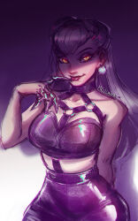 Rule 34 | 1girl, absurdres, breasts, claw (weapon), demon, demon girl, evelynn (league of legends), glowing, glowing eyes, highres, k/da (league of legends), k/da all out evelynn, kenji uchima, large breasts, league of legends, long hair, looking at viewer, revealing clothes, solo, weapon, white hair, yellow eyes