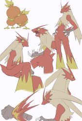 Rule 34 | 1other, ^ ^, animal hands, beak, bird tail, blaziken, blonde hair, blue eyes, body fur, claws, clenched hand, closed eyes, closed mouth, colored sclera, cowboy shot, creatures (company), cropped legs, fire, flat color, from side, full body, furry, game freak, gen 3 pokemon, hands on own hips, highres, knee up, legs, long hair, multiple views, navel, neck fur, nintendo, open mouth, other focus, pokemon, pokemon (creature), profile, red fur, simple background, sitting, standing, stomach, tail, takashi (pixiv 80298118), tongue, torchic, two-tone fur, u u, white background, yellow fur, yellow sclera