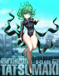 Rule 34 | 1girl, absurdres, ass, bare legs, blue sky, breasts, character name, curly hair, curvy, floating, flying, glowing, green hair, high heels, highres, hip focus, index finger raised, kawer, levitation, looking at viewer, magic, one-punch man, psychic, short hair, sky, small breasts, solo, tatsumaki, telekinesis, thick thighs, thighs, twitter username, wide hips