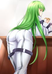 Rule 34 | 1girl, ass, bodysuit, c.c., code geass, food, food in mouth, green hair, highres, kitayama miuki, leaning, leaning forward, long hair, looking at viewer, looking back, pizza, skin tight, solo, table, very long hair, yellow eyes