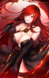 Rule 34 | 1girl, bare shoulders, black dress, black gloves, blush, breasts, choker, cleavage, dress, elbow gloves, family crest, fate/grand order, fate (series), gloves, hair ornament, hair over one eye, hairclip, hand in own hair, koha-ace, large breasts, long hair, looking at viewer, oda nobunaga (fate), oda nobunaga (koha-ace), oda nobunaga (maou avenger) (fate), oda uri, open mouth, red eyes, red hair, rei kun, smile, thighs