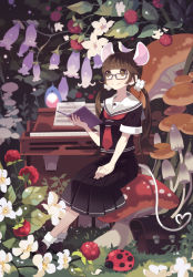 Rule 34 | 1girl, animal ears, bf. (sogogiching), bird, book, brown eyes, brown hair, bug, dress, flower, glasses, bug, instrument, ladybug, mouse ears, mouse tail, mushroom, original, piano, school uniform, solo, tail, twintails