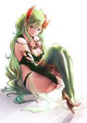 Rule 34 | 1girl, absurdres, blue eyes, breasts, cleavage, closed mouth, detached sleeves, final fantasy, final fantasy iv, final fantasy iv: the after years, green eyes, green hair, hair ornament, highres, komugiko no mori, large breasts, long hair, looking at viewer, aged up, rydia (ff4), simple background, smile, solo, thighhighs, white background