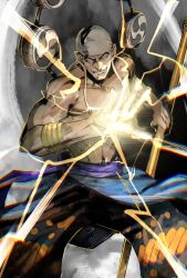 Rule 34 | 1boy, abs, absurdres, bandana, blonde hair, blue eyes, bracelet, drum, electricity, electrokinesis, enel, evil smile, glowing, glowing eyes, gold bracelet, hand up, highres, holding, holding staff, ikuyoan, instrument, jewelry, lightning, long earlobes, looking at viewer, male focus, mitsudomoe (shape), muscular, muscular male, navel, one piece, pectorals, sash, smile, solo, staff, tomoe (symbol), topless male, white bandana, yellow lightning
