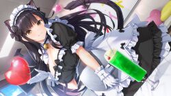 Rule 34 | 1girl, animal ears, apron, balloon, black hair, breasts, cat ears, cat tail, classroom, cleavage, cup, drinking glass, drinking straw, facial mark, food, girls frantic clan, gloves, higaki eiko, highres, ice cream, ice cream float, large breasts, maid, maid apron, maid headdress, official art, pillow, tail, whisker markings, window, yaegashi nan, yellow eyes