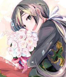 Rule 34 | 1girl, blush, bouquet, breasts, brown eyes, chitose (kancolle), dated, flower, grey eyes, grey hair, hair ribbon, hakama, hakama short skirt, hakama skirt, headband, highres, holding, holding bouquet, japanese clothes, kantai collection, long hair, looking at viewer, open mouth, ponytail, ribbon, rose, skirt, small breasts, smile, solo, tobari (seaetana), white flower, white rose