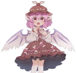 Rule 34 | 1girl, absurdres, animal ears, bird ears, bird wings, blush, bow, brown dress, brown eyes, brown hat, collared shirt, coruthi, dress, dress bow, earrings, feathered wings, feet out of frame, fingernails, frilled dress, frilled sleeves, frills, hair between eyes, hat, highres, jewelry, long fingernails, long sleeves, mystia lorelei, nail polish, open mouth, pinafore dress, pink bow, pink eyes, pink hair, pink nails, sharp fingernails, shirt, short hair, simple background, single earring, sleeveless, sleeveless dress, solo, touhou, white background, white shirt, white wings, winged hat, wings